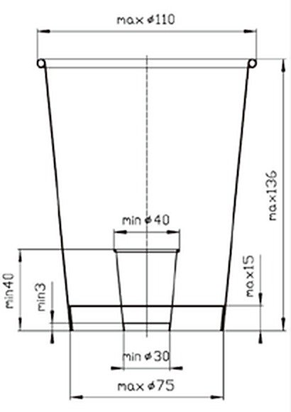 Cup size range drawing for the LM-C4-160 paper cup machine - max 110 mm top diameter, 136 mm height